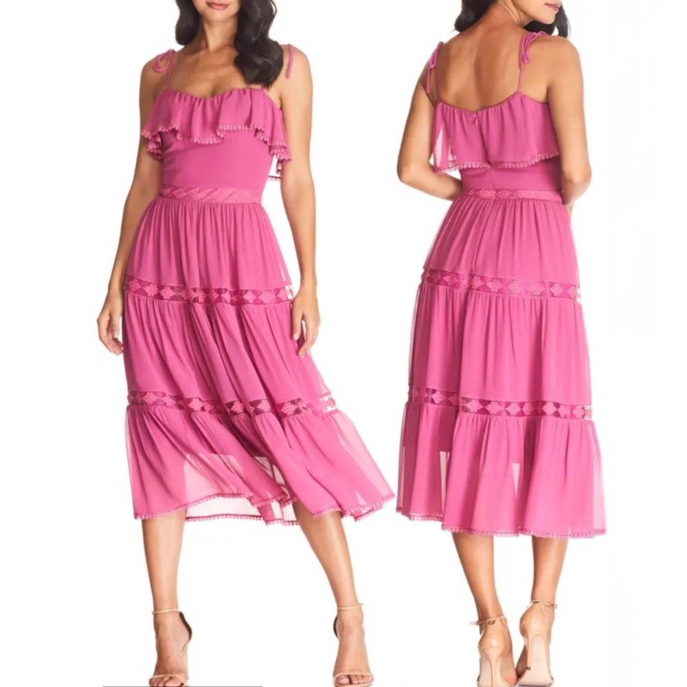 Dress the Population Dream Floral Lace Tiered Tie Strap Sundress Hibiscus XL